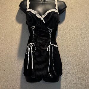 Women’s ruffle lace up Black and white Pinstriped Babydoll lingerie mini dress